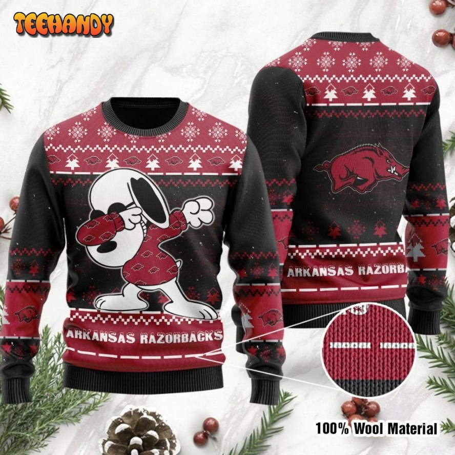 arkansas razorbacks snoopy dabbing holiday party ugly christmas sweater u3qon