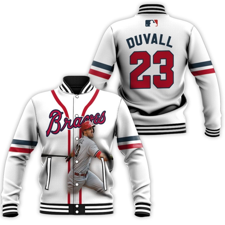 atlanta braves adam duvall 23 mlb great player white 3d designed allover gift for braves fans baseball jacket button up zipper hooded all over print mlb rvlo3