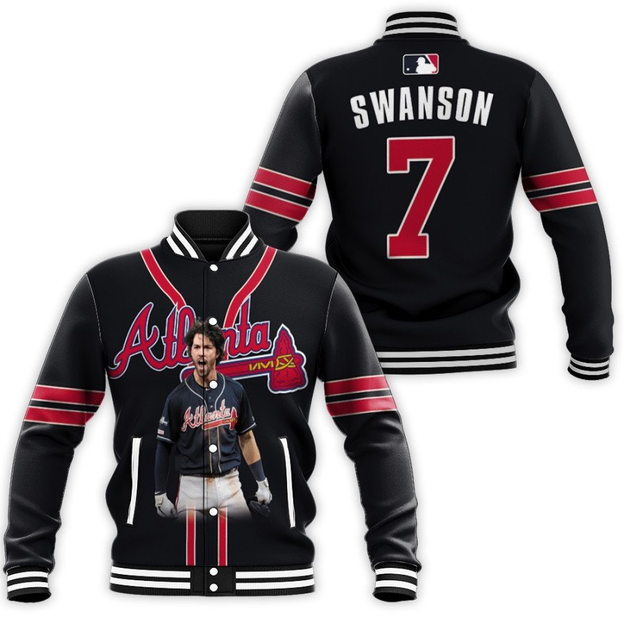 atlanta braves dansby swanson 7 mlb great player navy 3d personalized gift for braves fans baseball jacket button up zipper hooded all over print mlb d9zw2