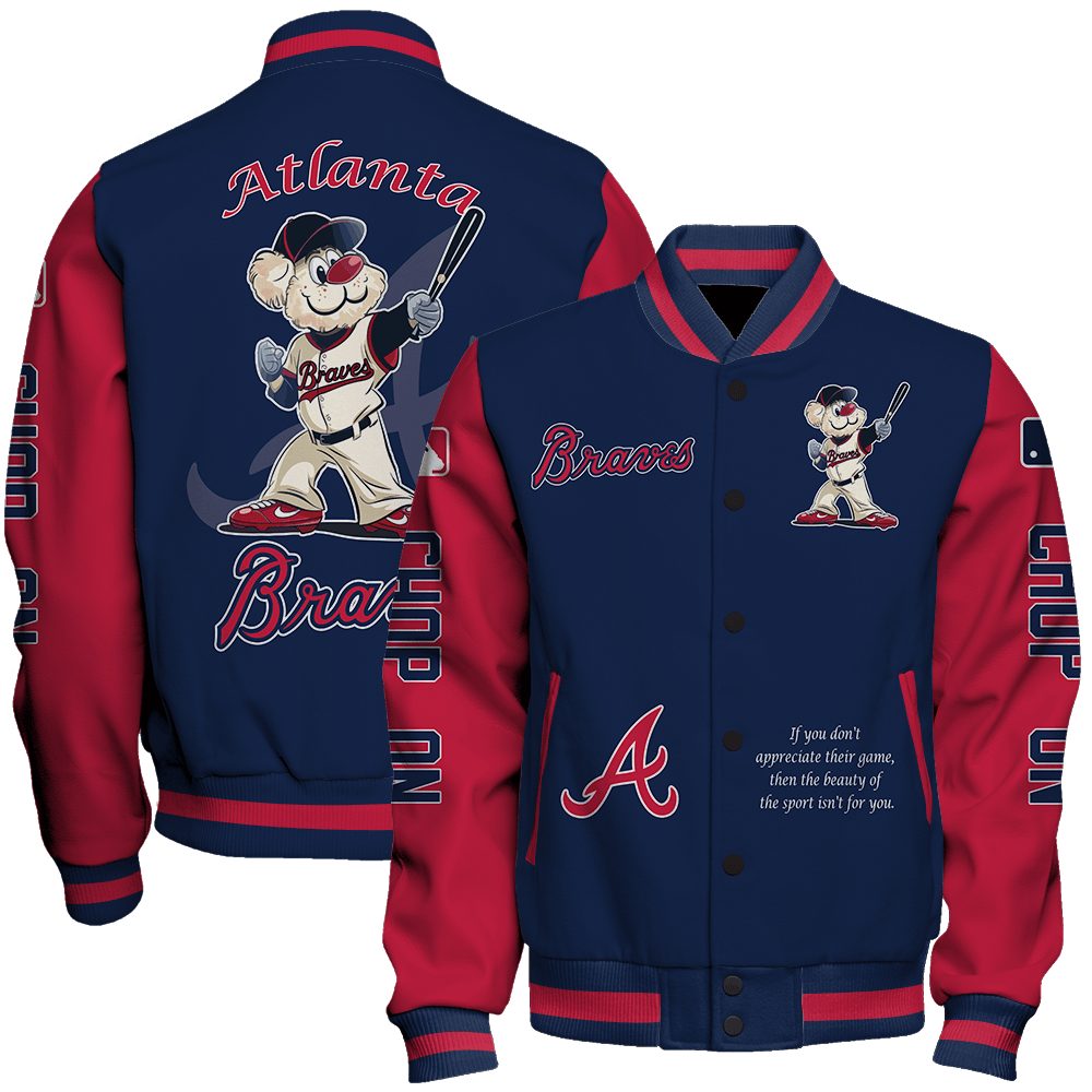 atlanta braves mlb baseball blooper mascot chop on special design 3d unisex baseball varsity jacket baseball jacket all over print 5yb5p