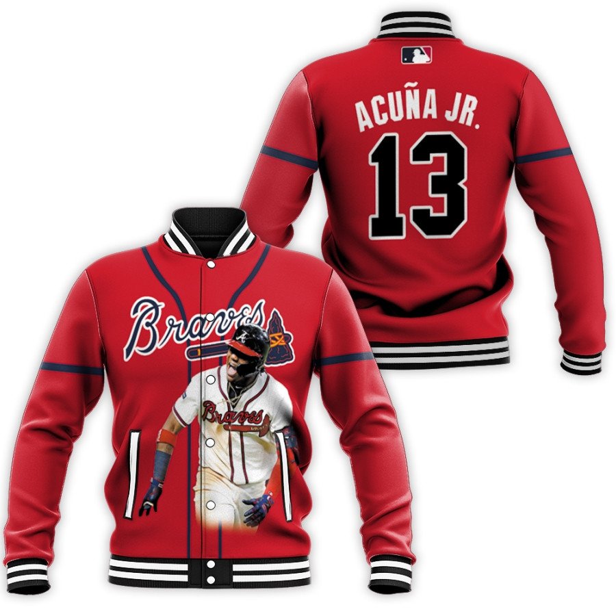 atlanta braves ronald acuna jr 13 mlb team alternate player name red jersey gift for atlanta braves fans baseball jacket button up zipper hooded all over print mlb mxeb3