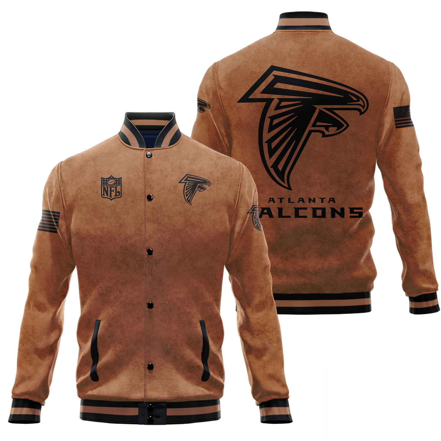 atlanta falcons 2023 salute to service club baseball jacket baseball varsity jacket baseball jacket all over print brown gwh11