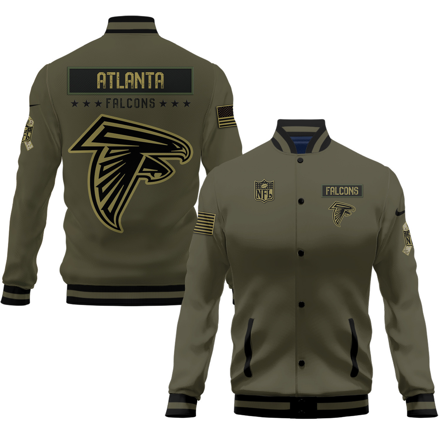 atlanta falcons 2023 salute to service club baseball jacket baseball varsity jacket baseball jacket all over print green 5xm7g