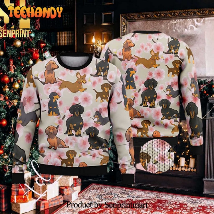 baby dachshund peach blossom ugly xmas wool sweater adi25