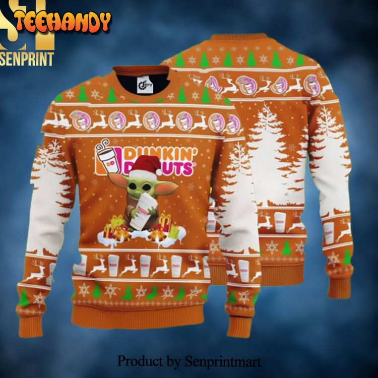 baby yoda hug dunkin donuts christmas ugly wool sweater n0p4w