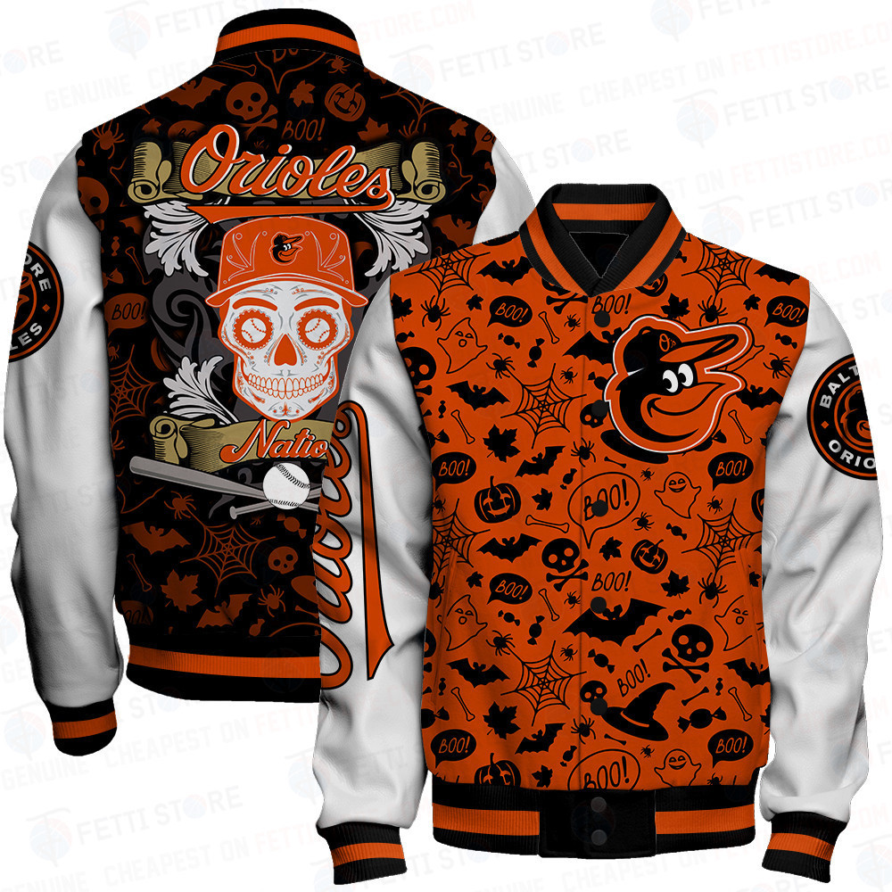 baltimore orioles mlb halloween pattern baseball varsity jacket baseball jacket all over print biqtw