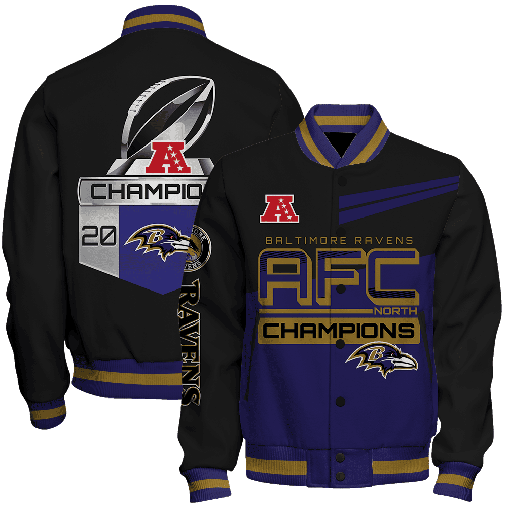 baltimore ravens afc north 2023 champions nfl baseball varsity jacket baseball jacket all over print plcd4