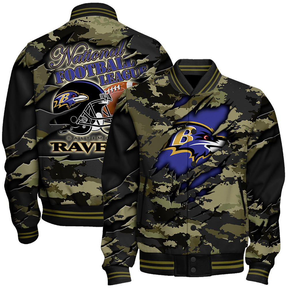 baltimore ravens black camo pattern nfl baseball varsity jacket baseball jacket all over print cdcyg