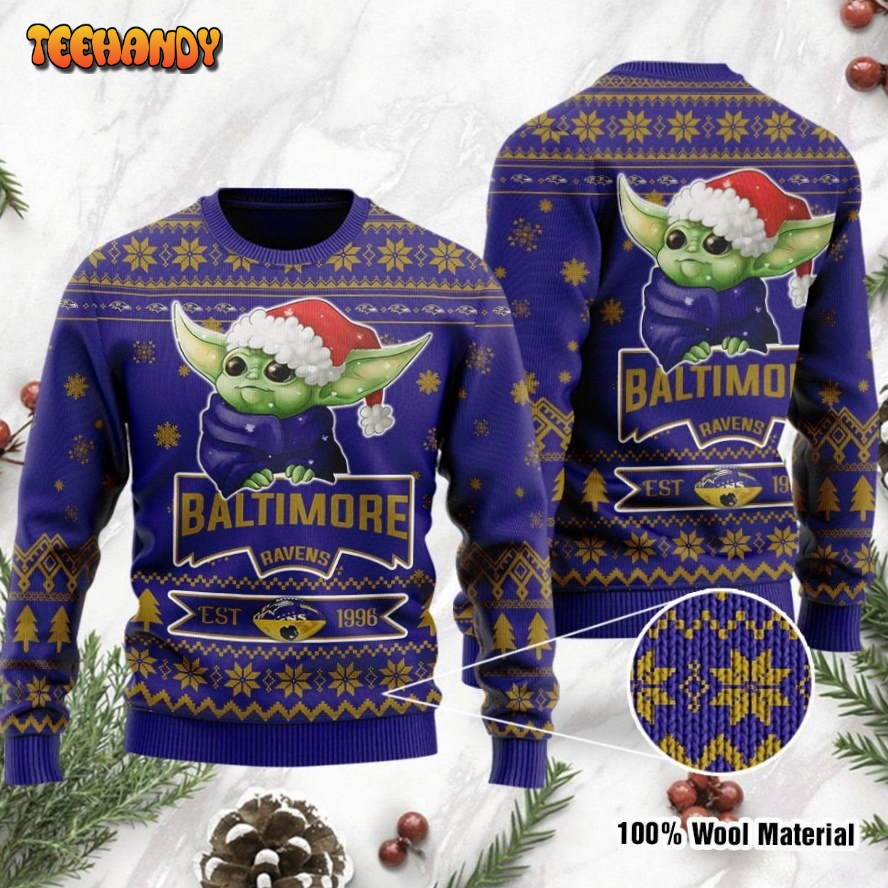 baltimore ravens cute baby yoda grogu holiday party ugly christmas sweater nwajd