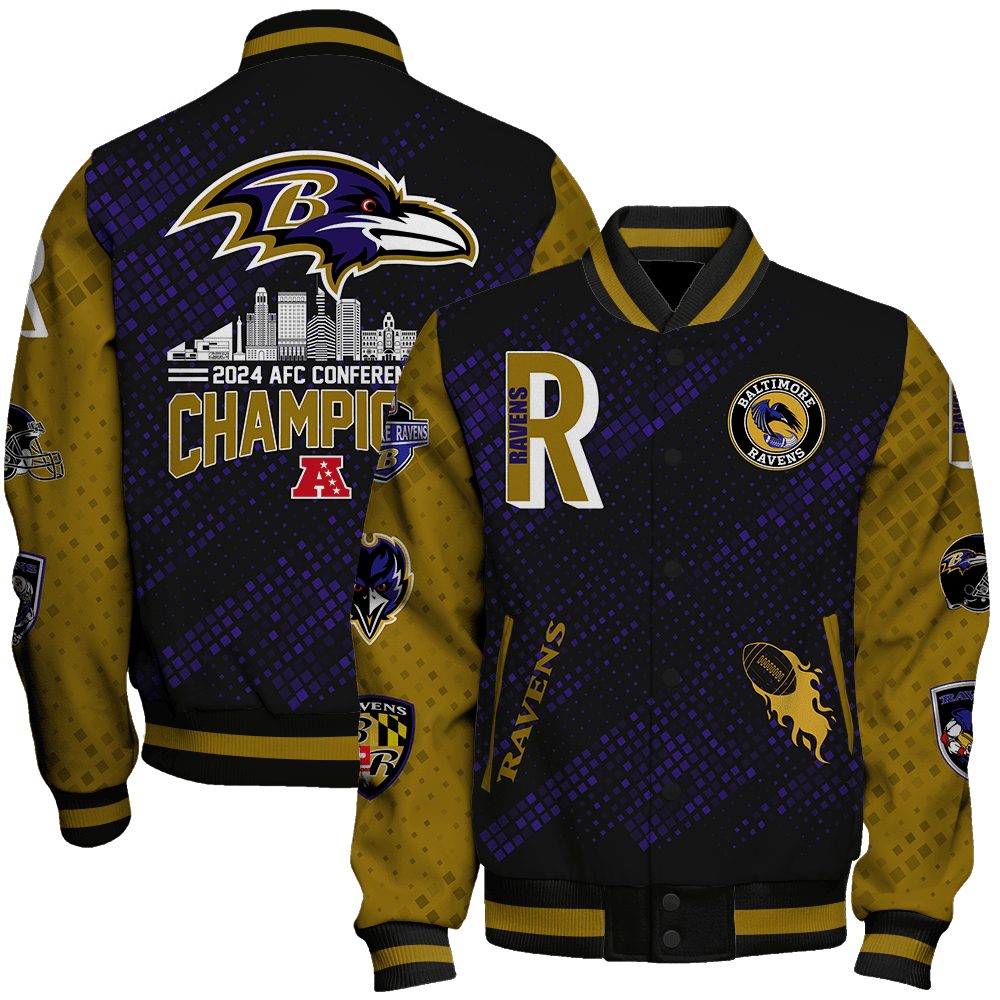 baltimore ravens nfl 2024 afc conference champions design unisex baseball varsity jacket baseball jacket all over print l2rhq