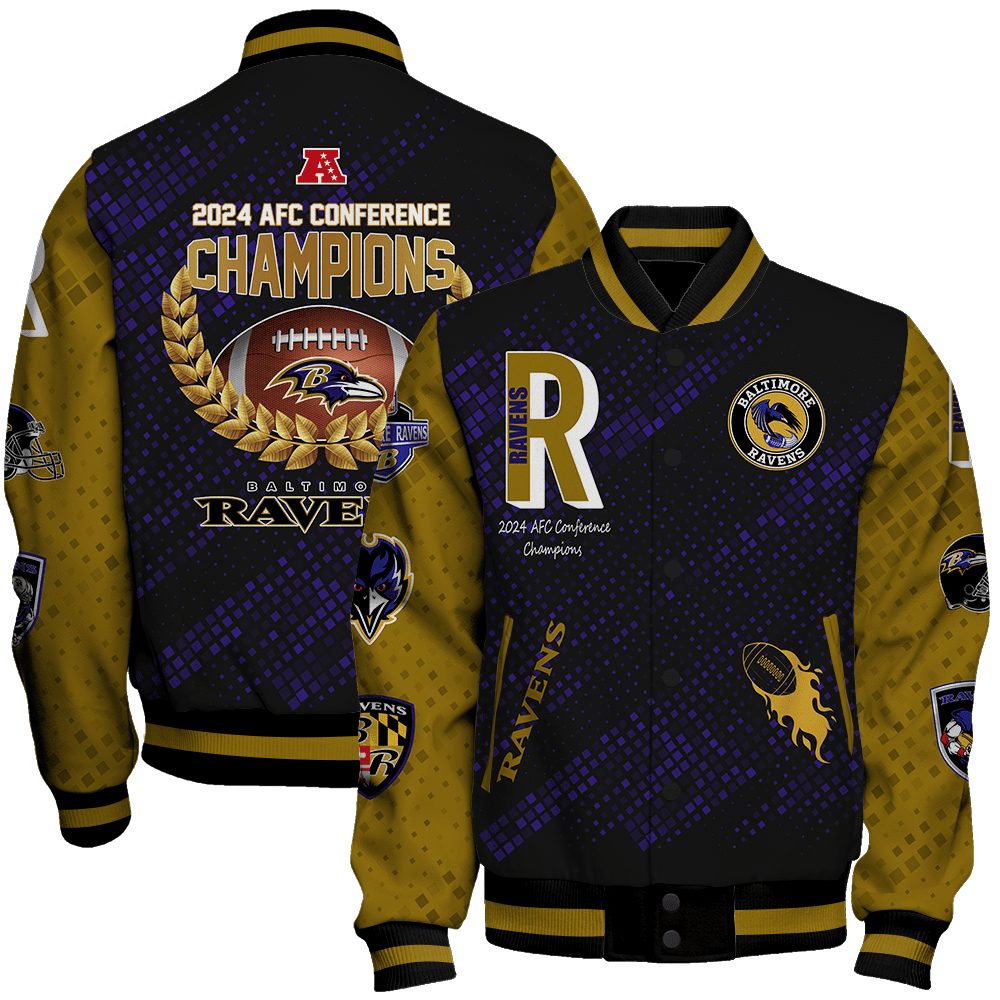 baltimore ravens nfl 2024 afc conference champions unisex baseball varsity jacket baseball jacket all over print pgzug