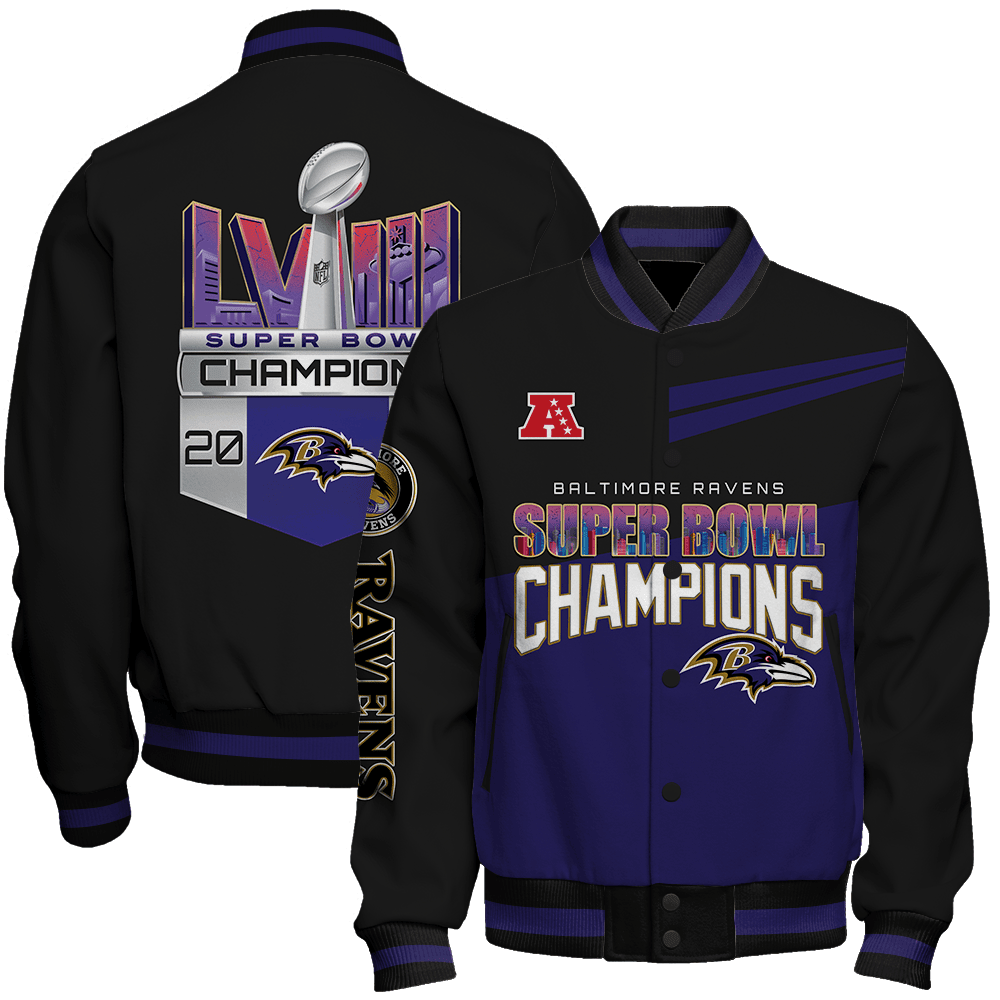 baltimore ravens nfl 2024 super bowl champions lviii unisex baseball varsity jacket baseball jacket all over print bq4ei