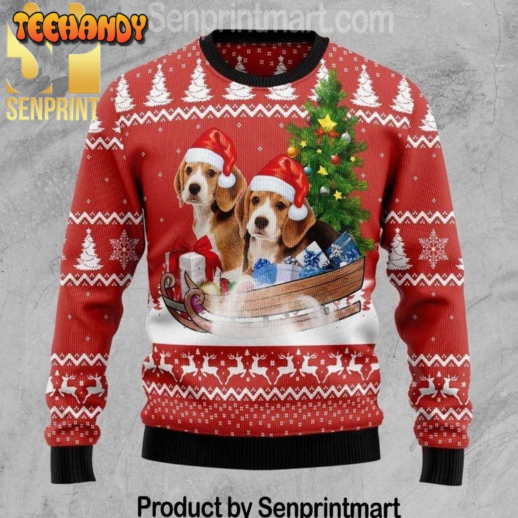 beagle dashing all over printed christmas knitted wool sweater zogeb