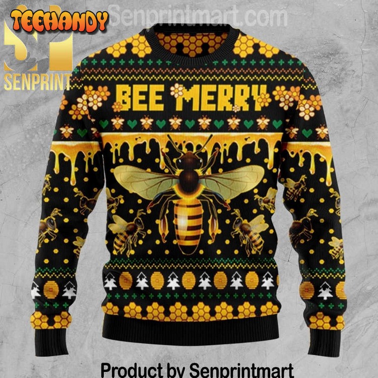 bee merry holiday time all over print knitting pattern ugly sweater 6mnp2