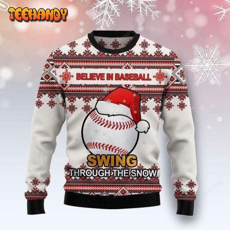 believe in baseball swing through the snow ugly christmas sweater gt20e