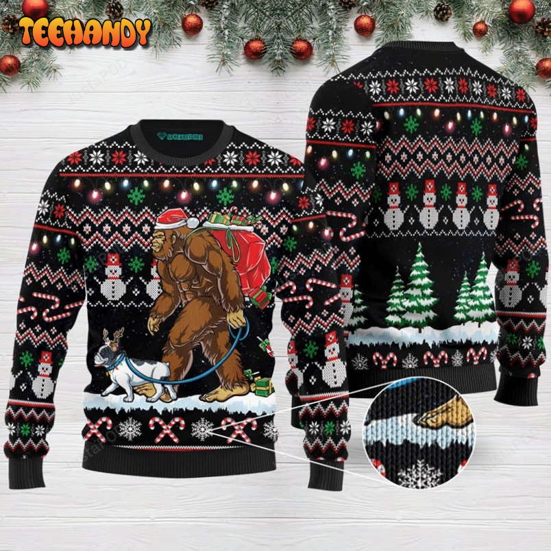 bigfoot and french bulldog ugly christmas sweater all over print sweatshirt vq5nj