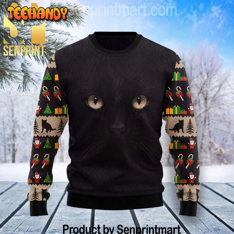 black cat cute face holiday ugly xmas sweater 7hqk9