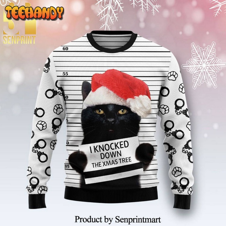 black cat knocked down the xmas tree knitted ugly xmas sweater 5c5gy