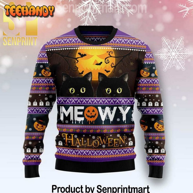 black cat meowy halloween xmas time ugly xmas wool sweater 5rmv4