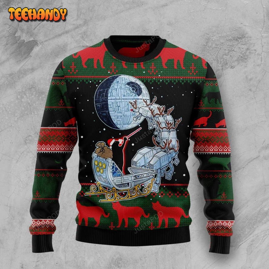 black cat sleigh to death star ugly christmas sweater all over print sweatshirt 0tzsg