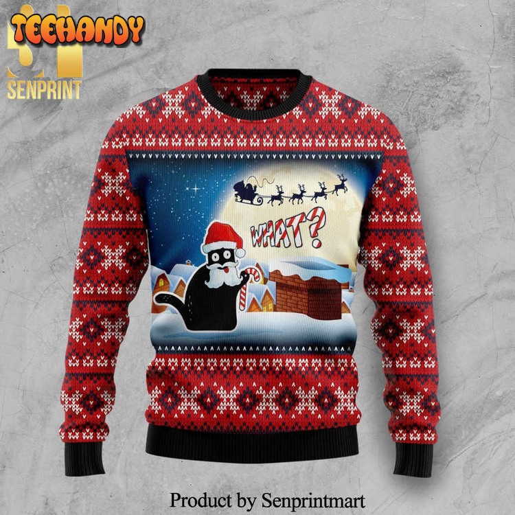 black cat what knitted ugly xmas sweater xuxks