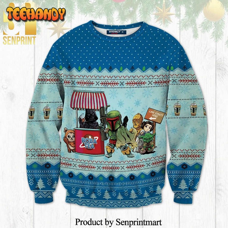 boba fett boba tea star wars characters knitted ugly xmas sweater c49sn