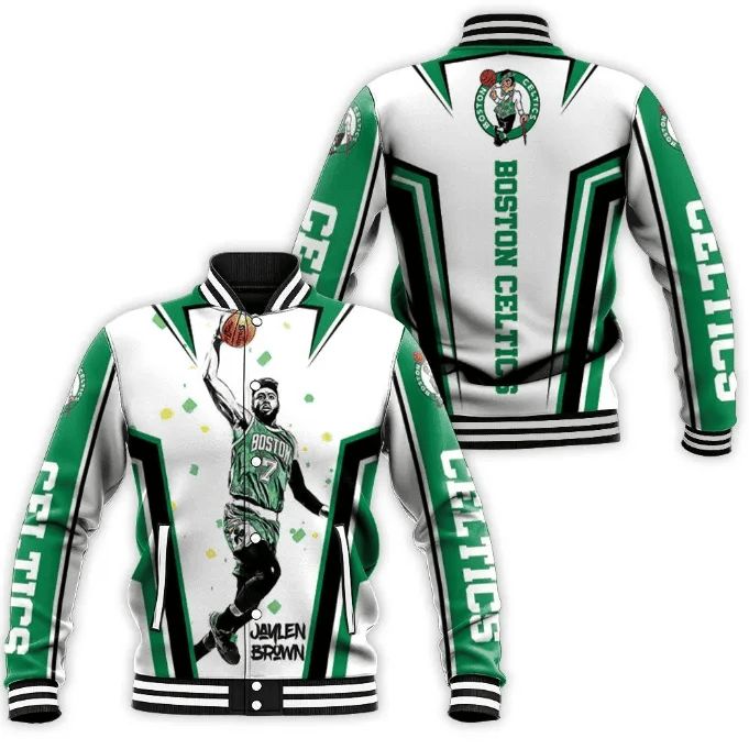 boston celtics team logo sport pattern jaylen brown baseball varsity jacket baseball jacket all over print jwlg5