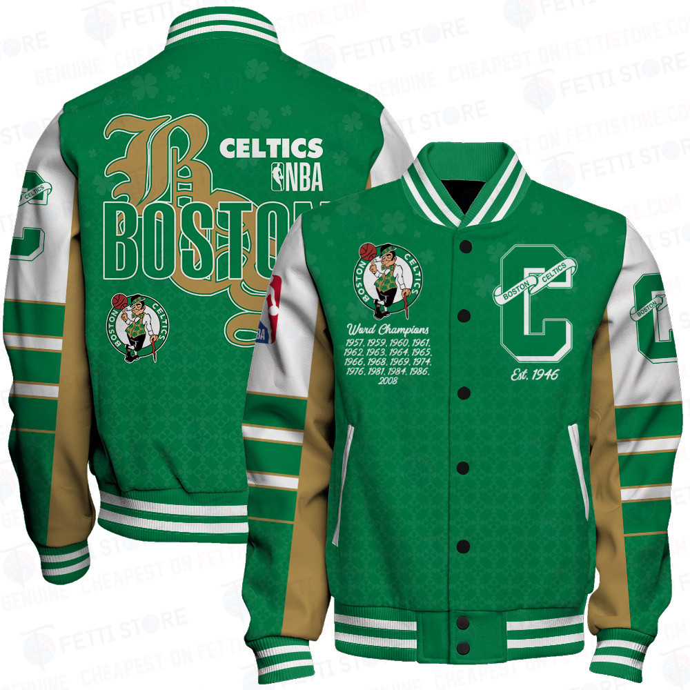 boston celtics team logo sport pattern retro baseball varsity jacket baseball jacket all over print gq1di