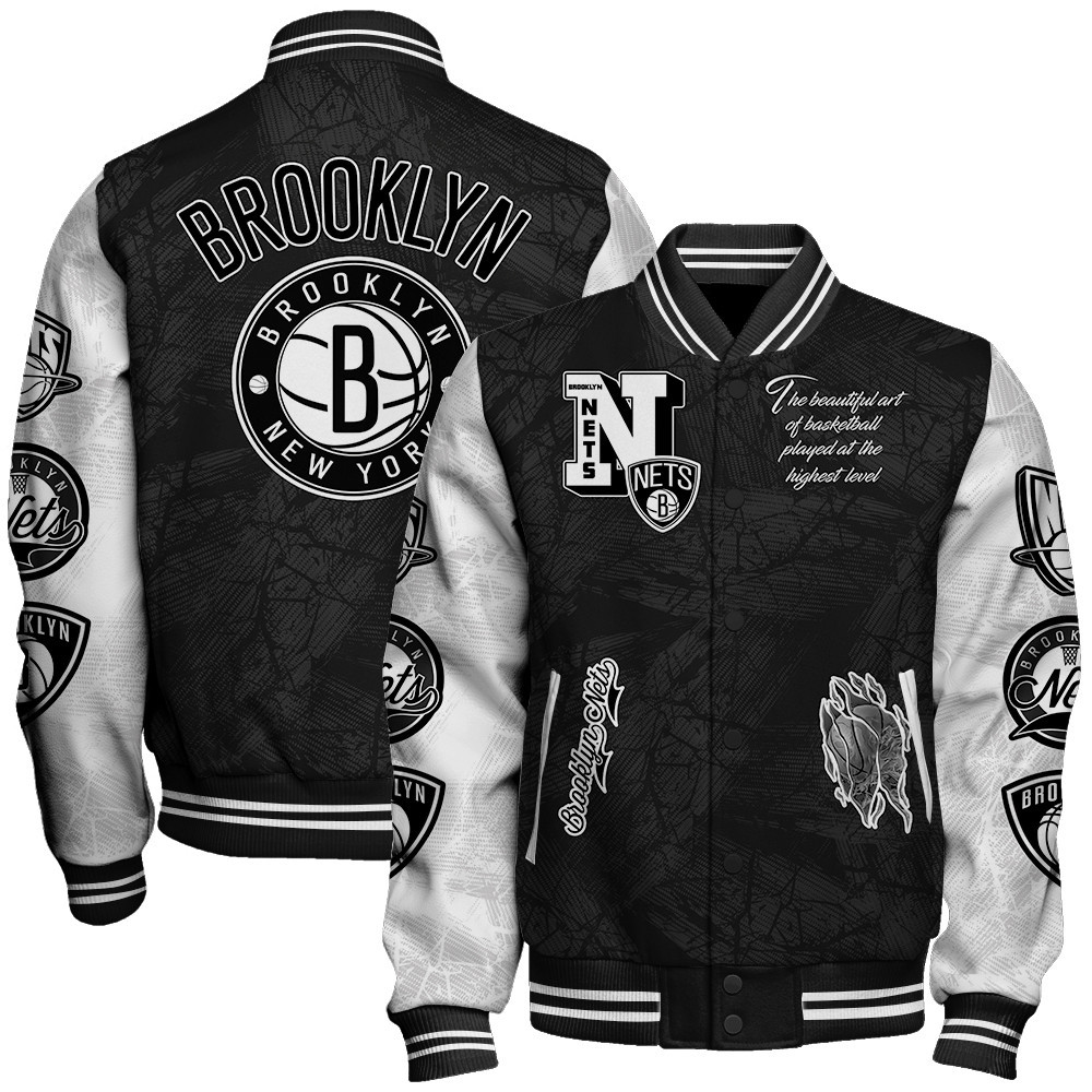 brooklyn nets team logo sport pattern baseball varsity jacket baseball jacket all over print rbjmm