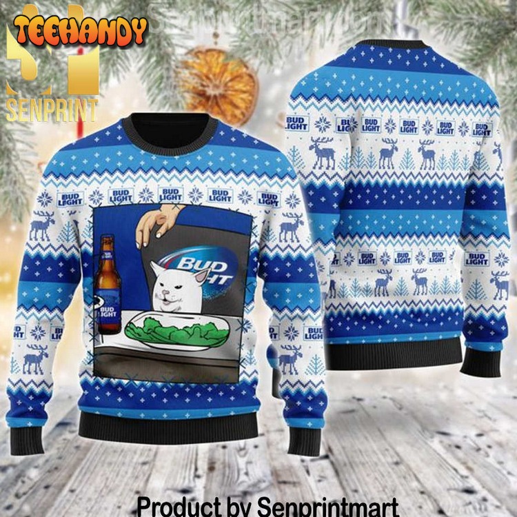 bud light cat meme pattern knit ugly xmas sweater sp04b