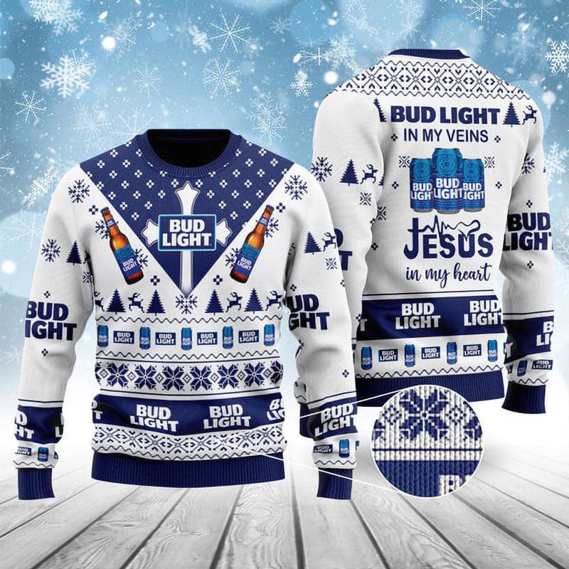 bud light in my veins jesus in my heart ugly sweater flexiquor com