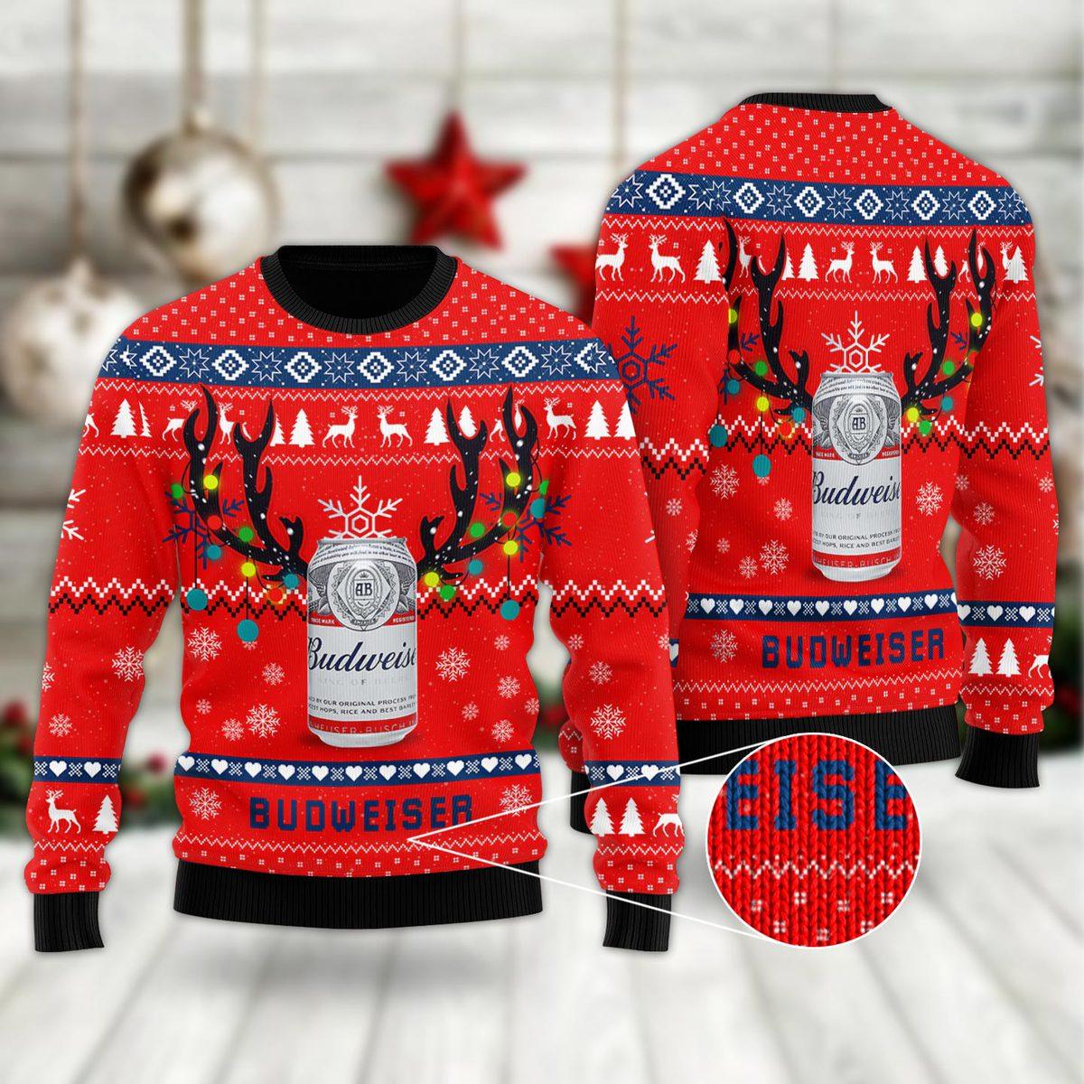 budweiser christmas reindeer horns ugly sweater flexiquor com