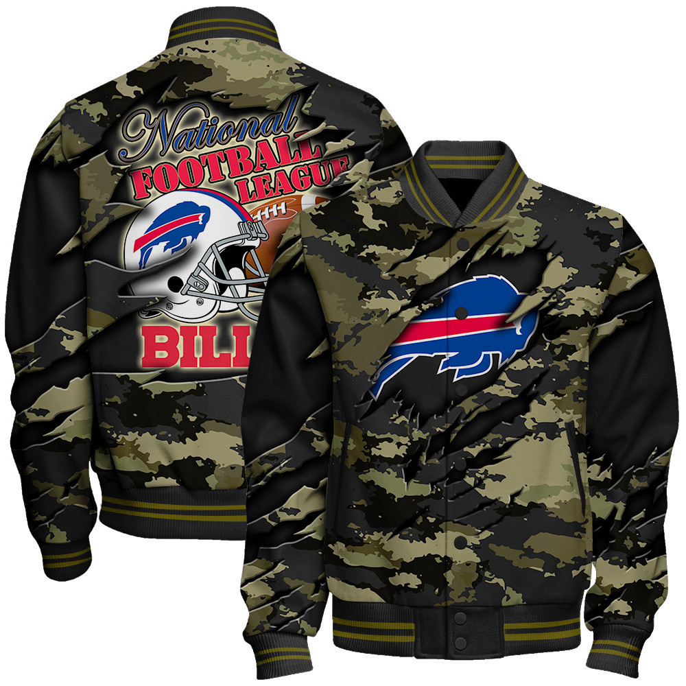 buffalo bills black camo pattern nfl baseball varsity jacket baseball jacket all over print ewuuh