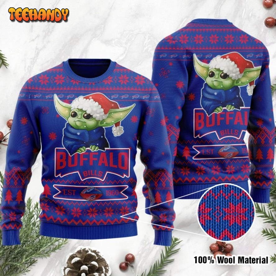 buffalo bills cute baby yoda grogu holiday party ugly christmas sweater faq4g