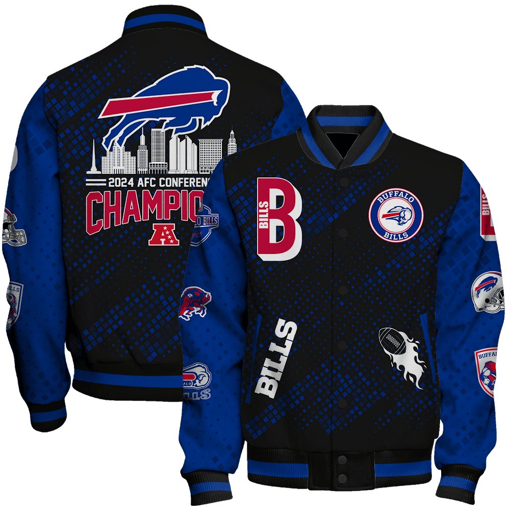 buffalo bills nfl 2024 afc conference champions design unisex baseball varsity jacket baseball jacket all over print vlmgy