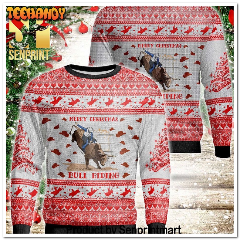 bull riding holiday time all over print knitting pattern ugly xmas sweater nh6r1