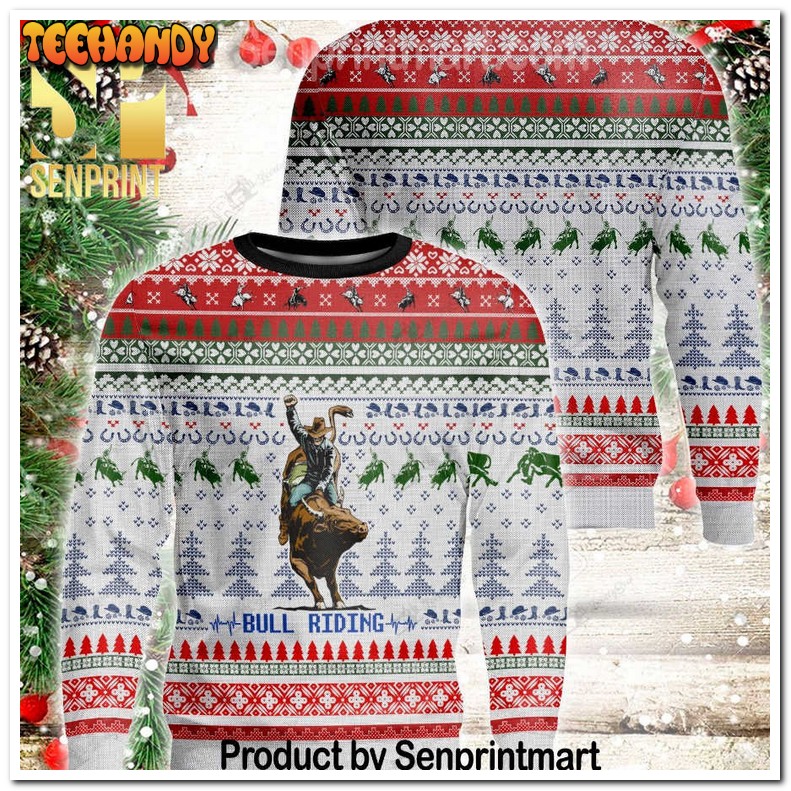 bull riding xmas gifts full printed wool ugly xmas sweater 41mlg