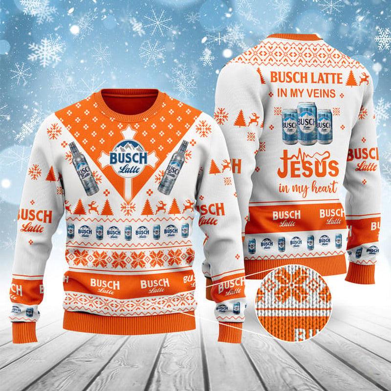 busch latte in my veins jesus in my heart ugly sweater flexiquor com