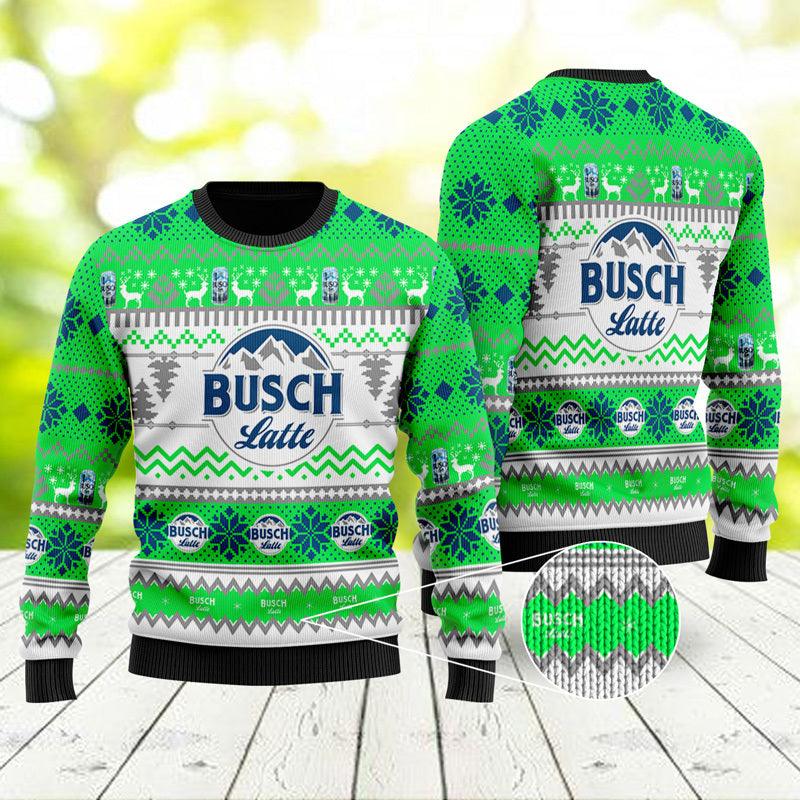 busch latte xmas snowflakes green ugly sweater flexiquor com