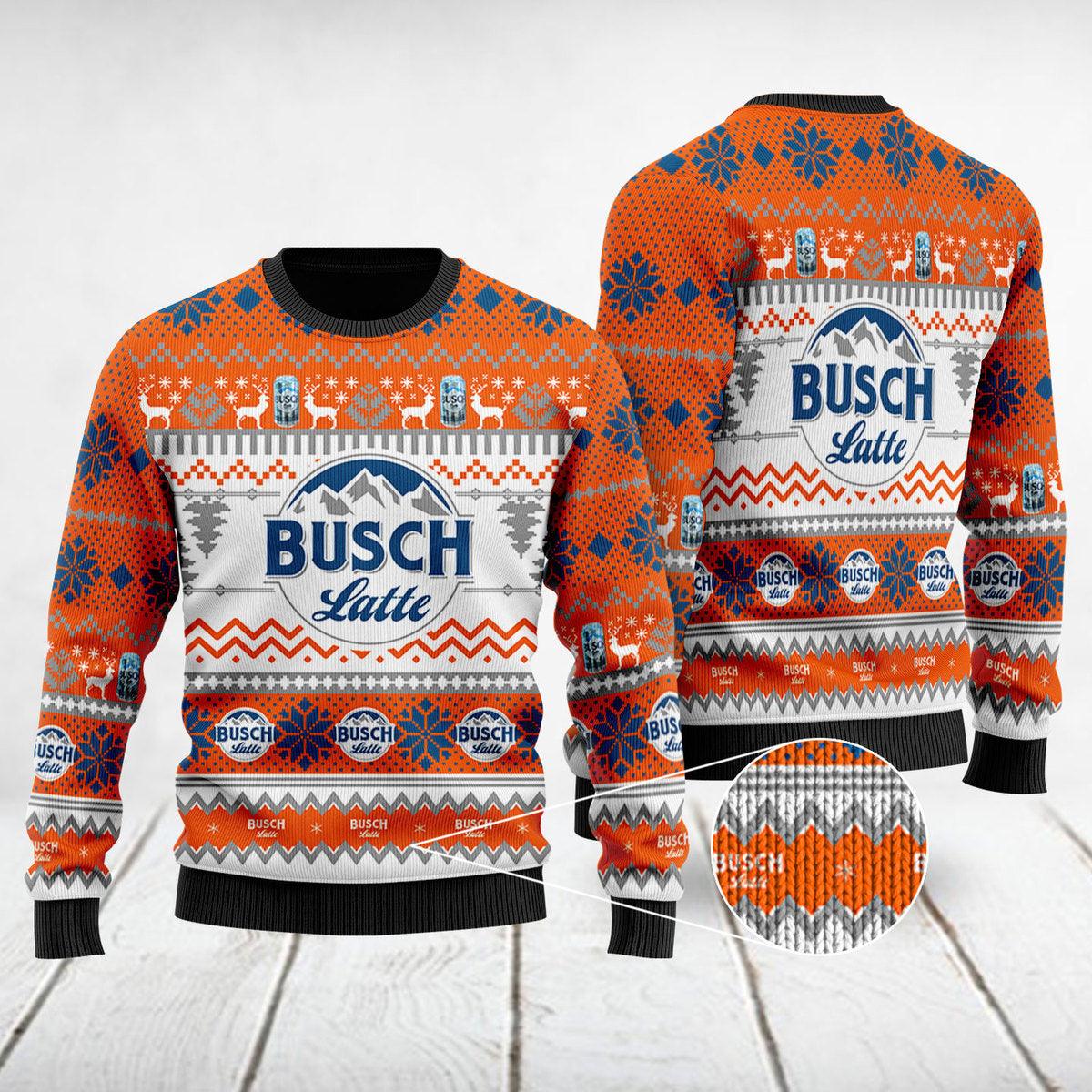 busch latte xmas snowflakes orange ugly sweater flexiquor com