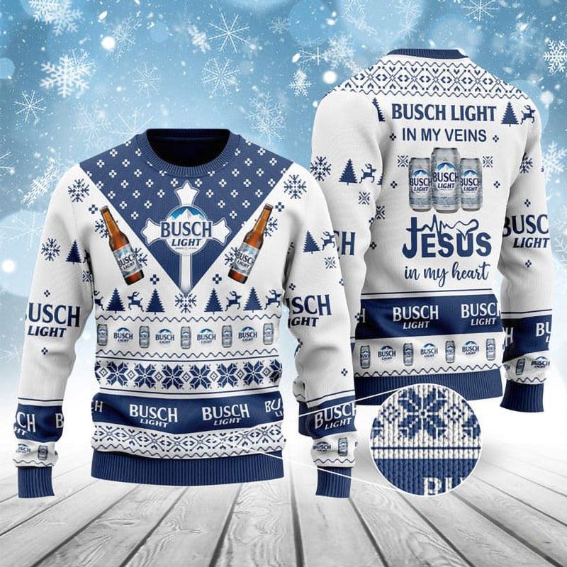 busch light in my veins jesus in my heart ugly sweater flexiquor com