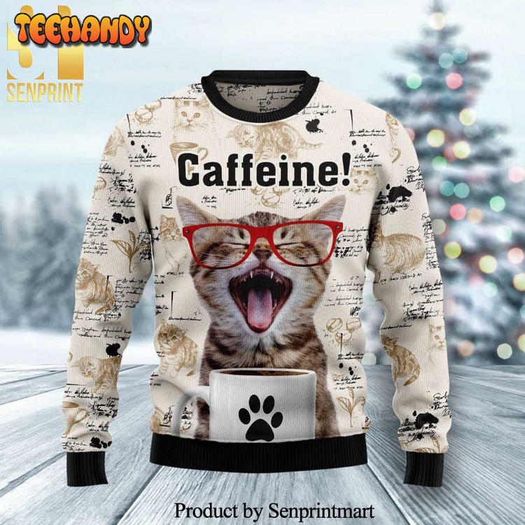 caffeine cat knitted ugly xmas sweater kphut