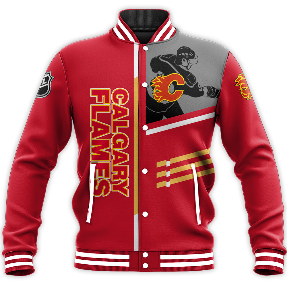 calgary flames baseball jacket button up zipper hooded all over print personalized hockey for fan nhl kef1b