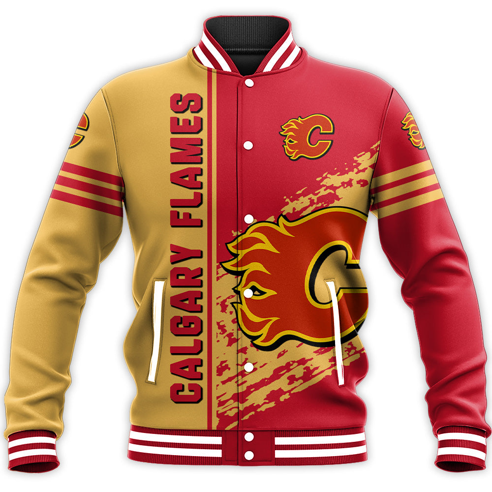 calgary flames baseball jacket button up zipper hooded all over print quarter style nhl w3mqk