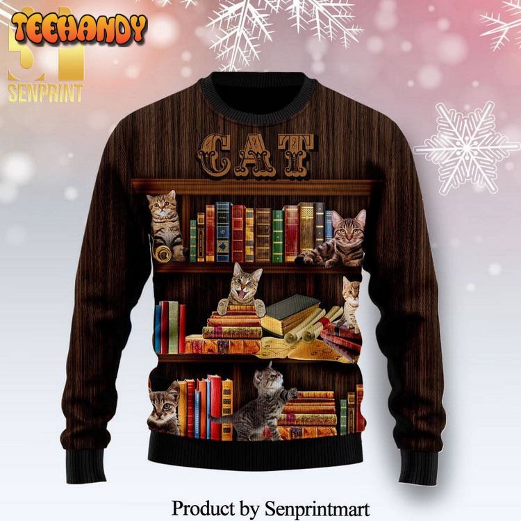 cat and bookshelf knitted ugly xmas sweater xgt7z