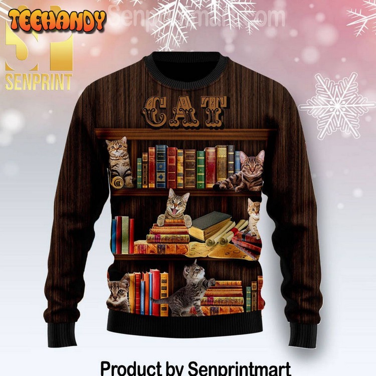 cat bookcase chirtmas time wool knitted ugly xmas sweater q7wfp