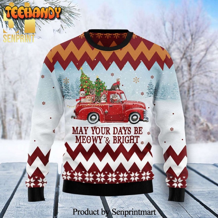 cat red truck knitted ugly xmas sweater 8e7mo