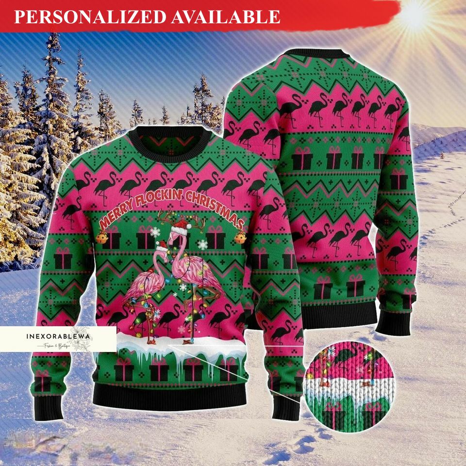 christmas gift flamingo ugly christmas sweater merry flockin 4321