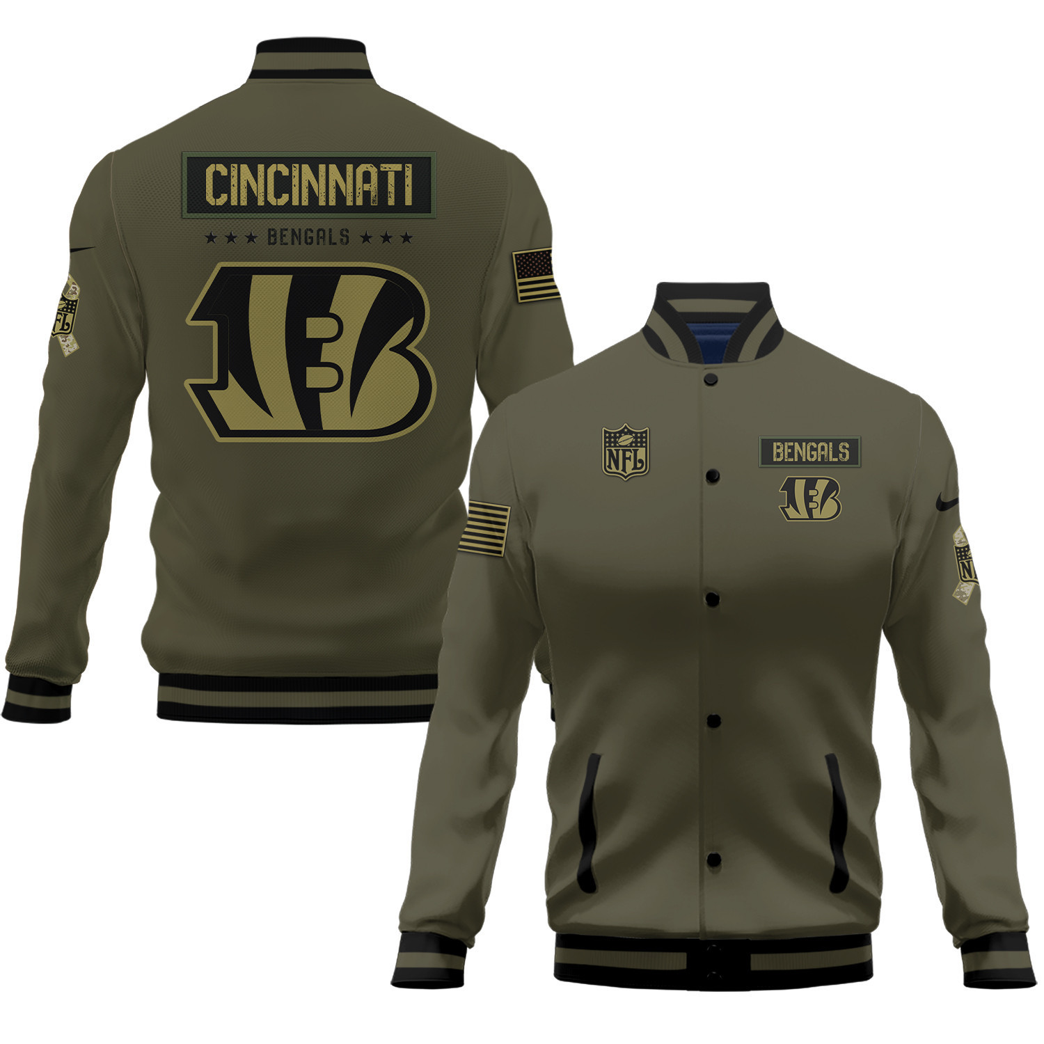 cincinnati bengals 2023 salute to service club baseball jacket baseball varsity jacket baseball jacket all over print green liuci