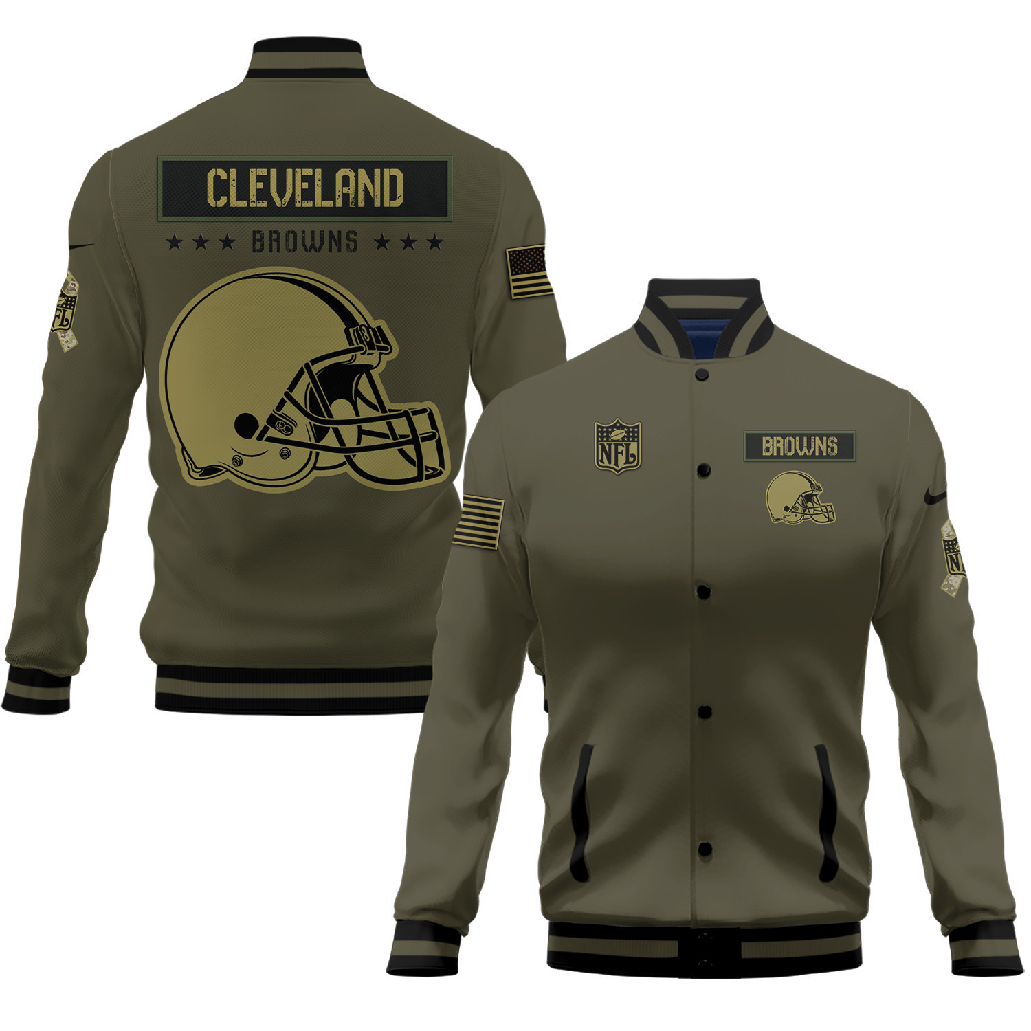 cleveland browns 2023 salute to service club baseball jacket baseball varsity jacket baseball jacket all over print green 6euag